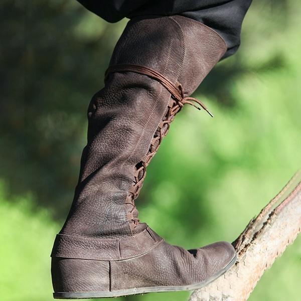 Medieval Fantasy Boots Mens  Renaissance Footwear Vintage Retro Brown Leather Lace Up Knee High Boots