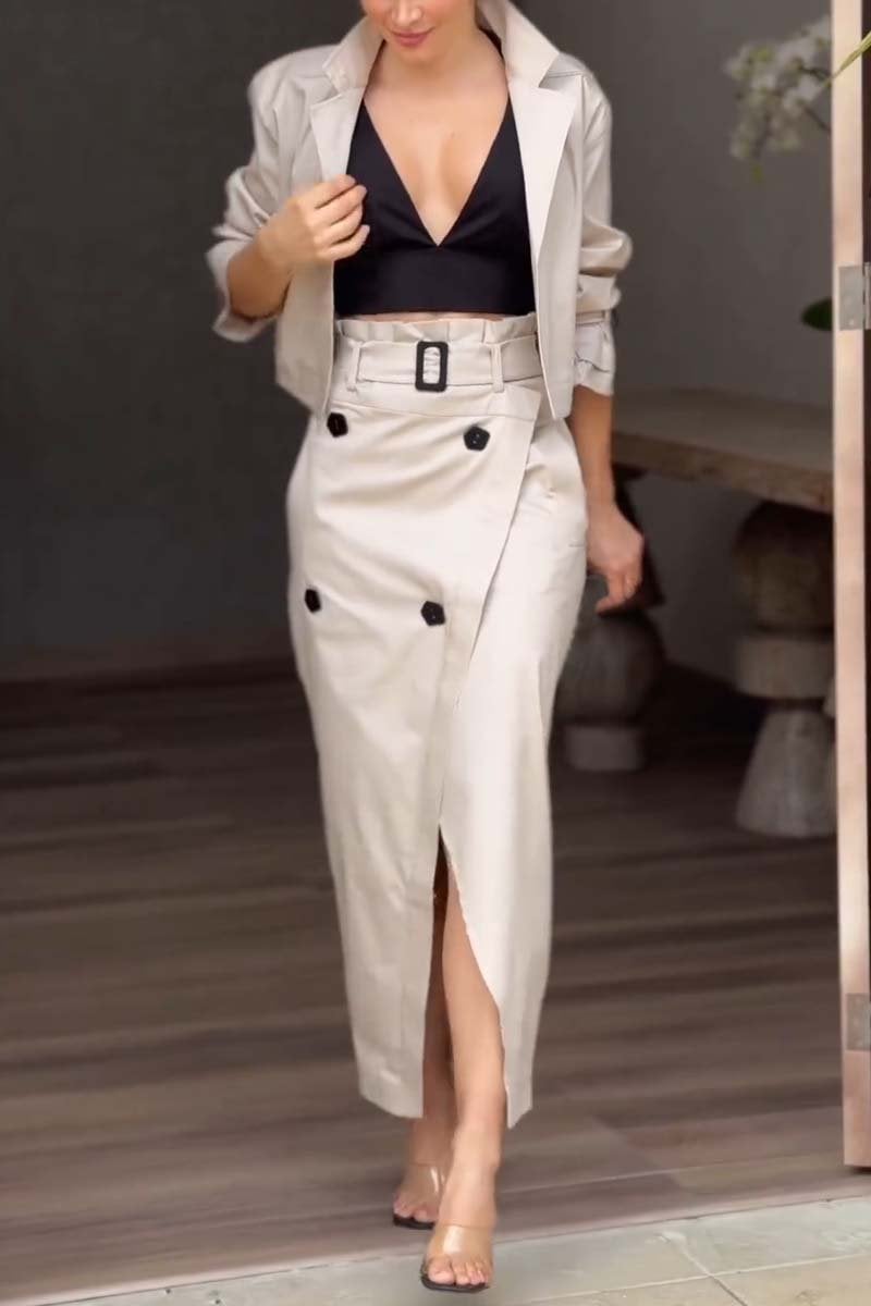 Women's Versatile Casual Work Wear Temperament Button Belt Skirt Set