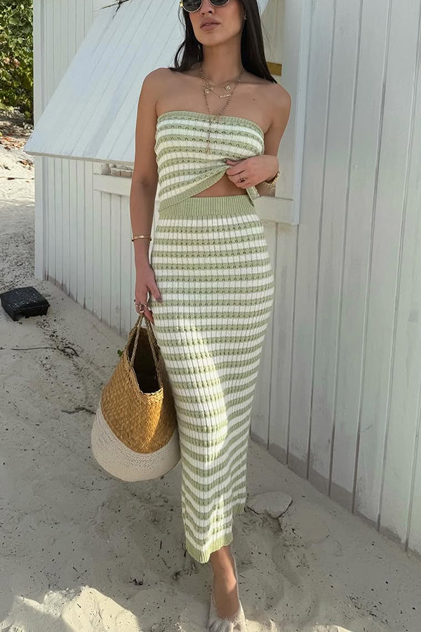 Knit Colorblock Stripes Bandeau Top and High Rise Stretch Maxi Skirt Set