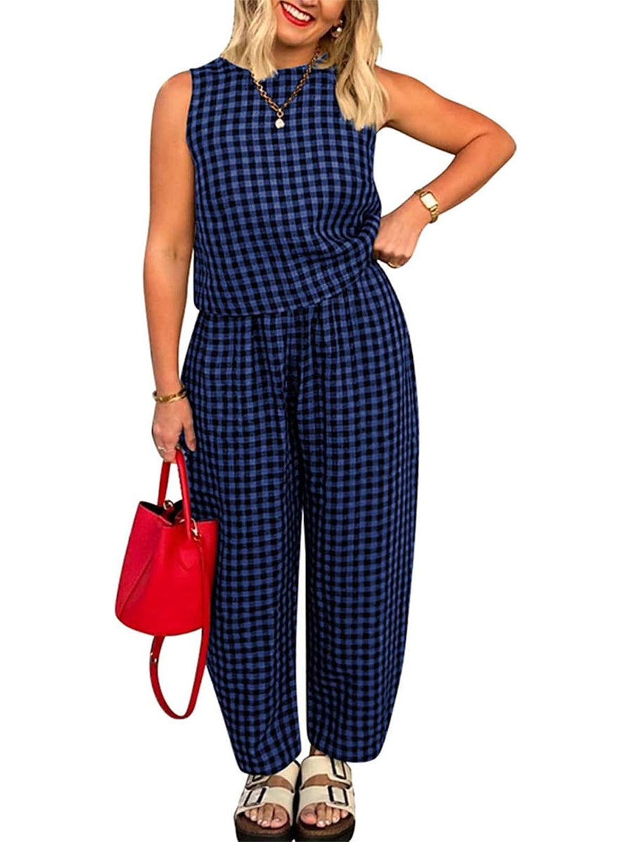 Women's Gingham Sleeveless Tank Top & Barrel Pants Set