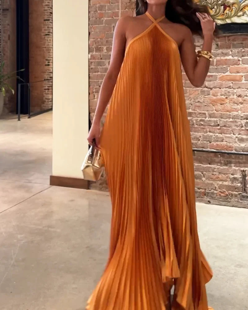 Elegant Halter Pleated Back Dress