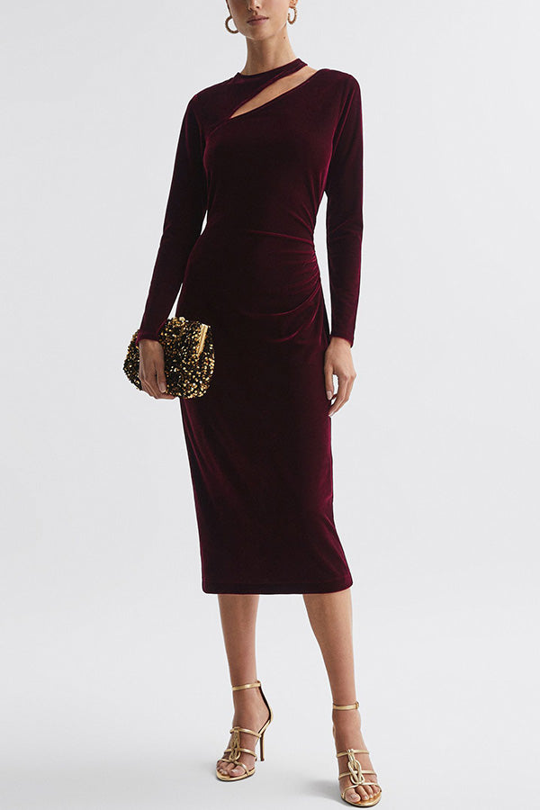 Perfect Party Velvet Cut Out Detail Long Sleeve Ruched Stretch Midi Dress