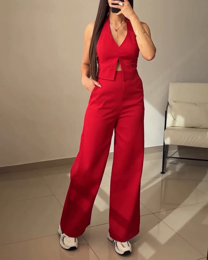 Solid V-Neck Vest & Pants Two-Piece Set