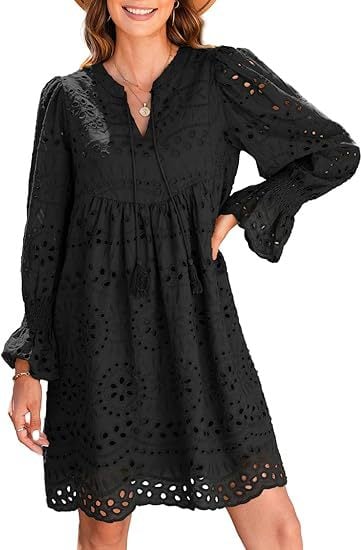 Neckline Long Sleeve A-Line Hollow Lace Pleated Dress