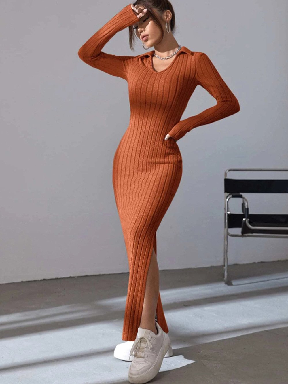 Knitted Fitted Lapel Long Sleeve Ribbed Dress