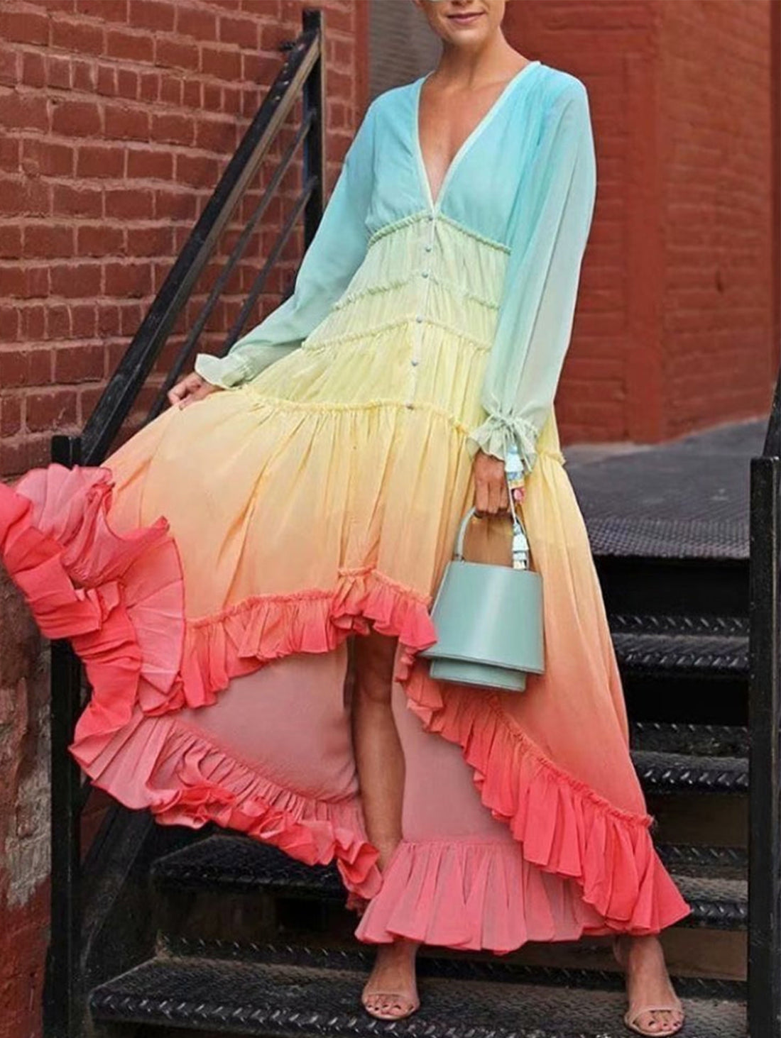 Gradient Deep V Neck Ruffle High Low Hem Maxi Dress