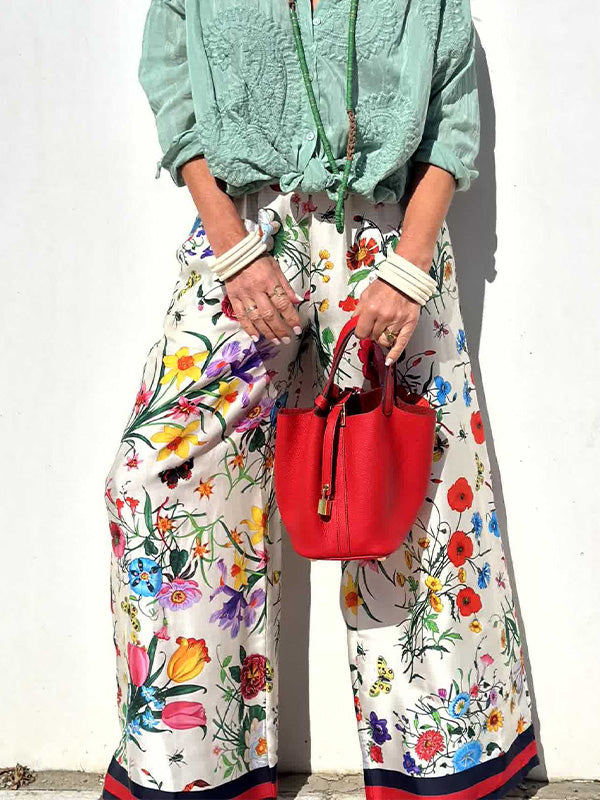 Stylish Plant Floral Print Shirt & Pants Two Piece Set