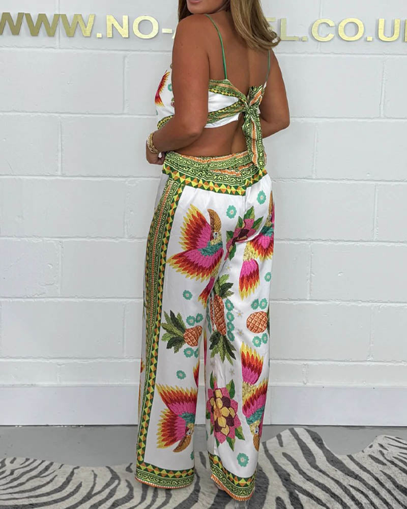 Loose Printed Halter Top And Pant Suit