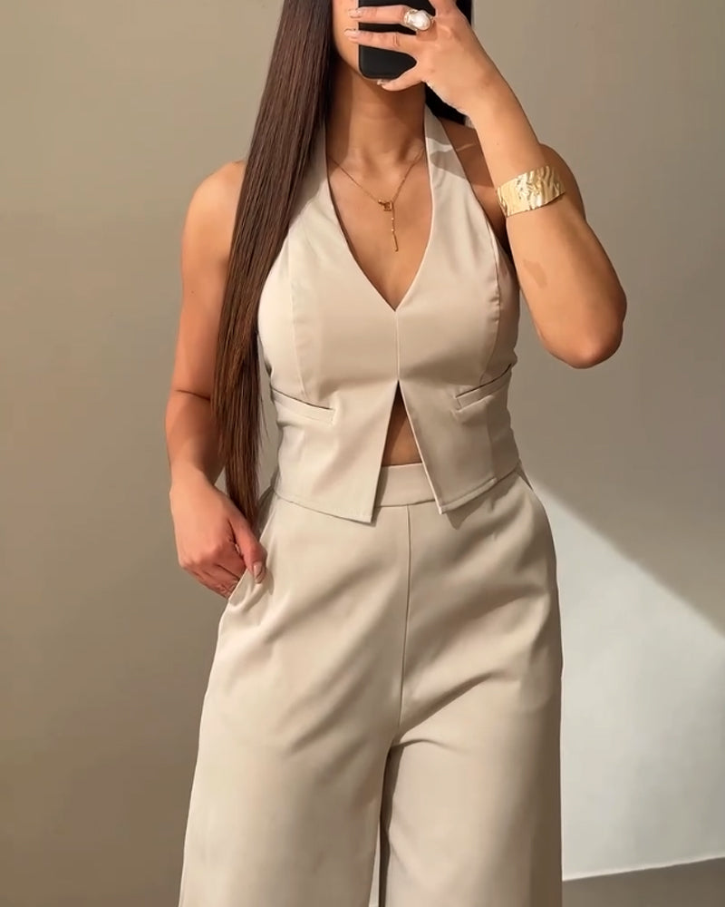 Solid V-Neck Vest & Pants Two-Piece Set