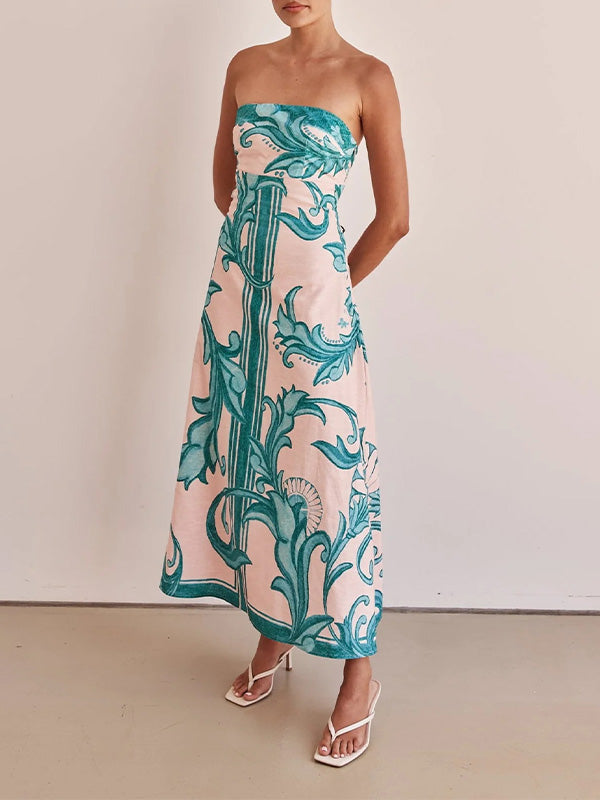 Stylish Strapless Print Halter Dress