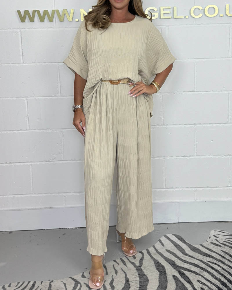 Casual Pleated Bat-sleeve Top and Pant Suit