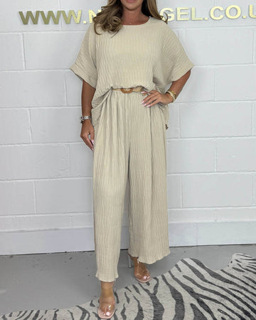 Casual Pleated Bat-sleeve Top and Pant Suit