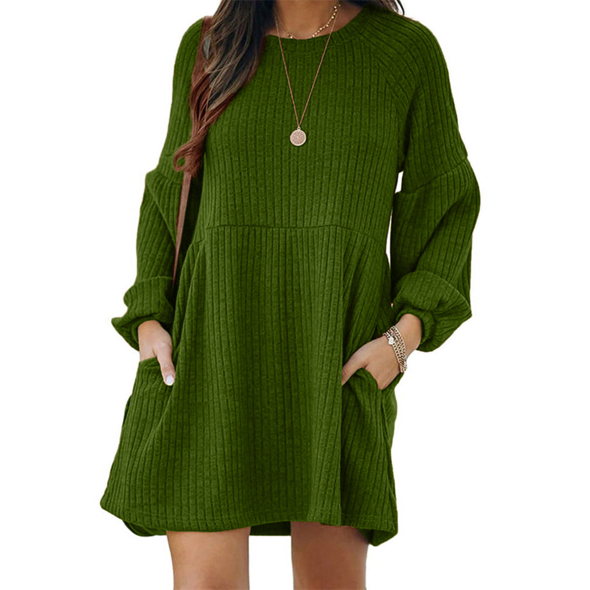 Textured Ribbed Pocket Bishop Sleeve Crewneck Dress