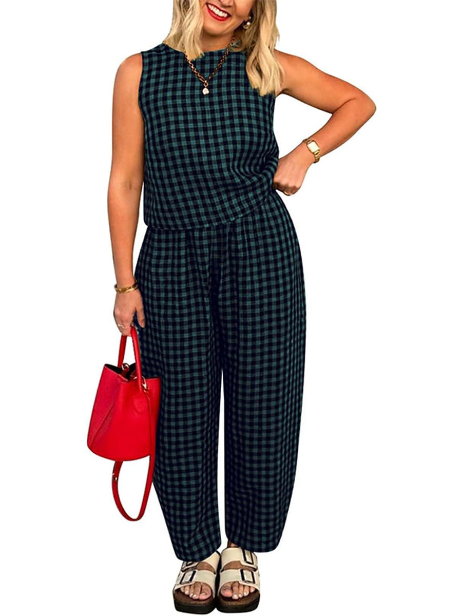 Women's Gingham Sleeveless Tank Top & Barrel Pants Set