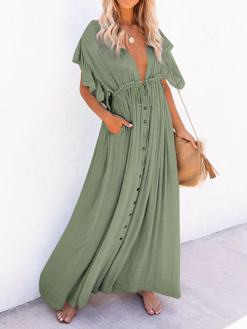 Button Cotton Linen Perfect Beach Boho Maxi Dress