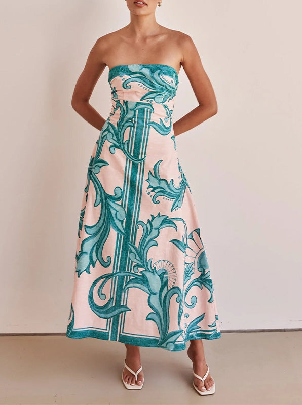 Stylish Strapless Print Halter Dress