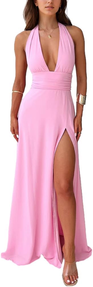 V Neck Maxi Dress for Women Sleeveless High Slit Long Dress