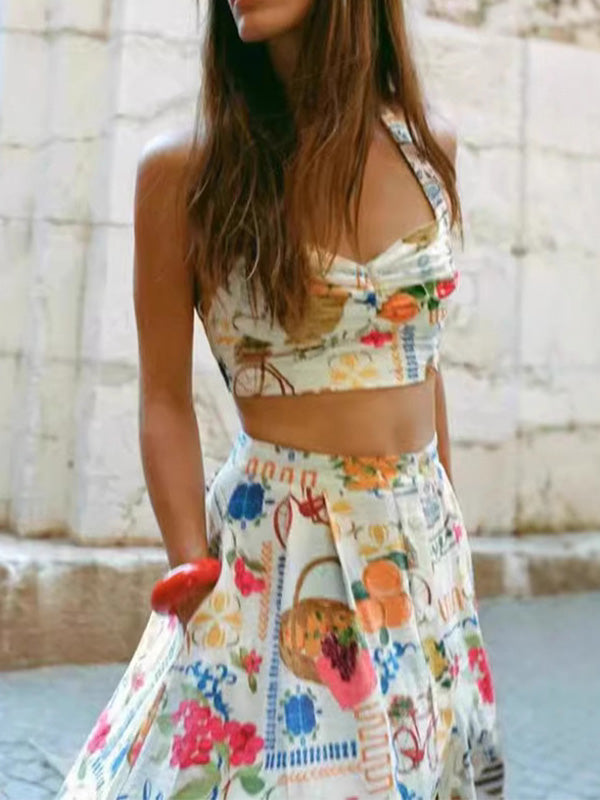 Fashion Casual Printed Vest & Skirt Set