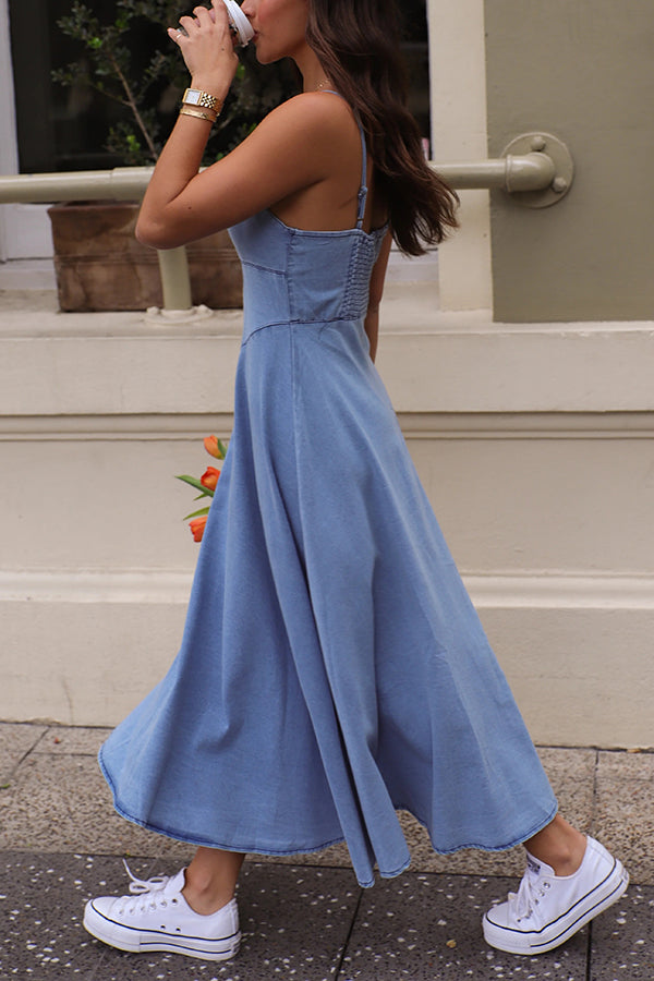 Sleeveless Suspender Pleated Back Faux Denim Midi Dress