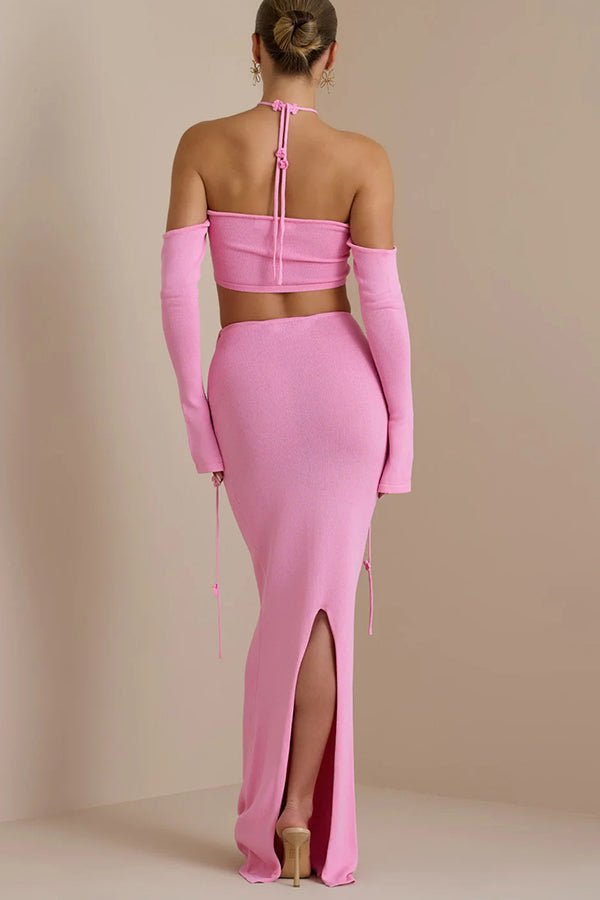 Long Sleeve Top and Back Slit Knitted Cover-up Maxi Skirt Set