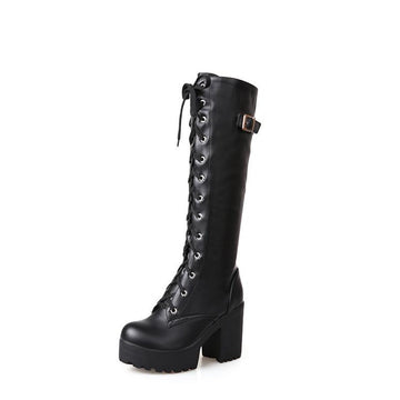 Women’s Platform Chunky Heel Lace Up Long Boots