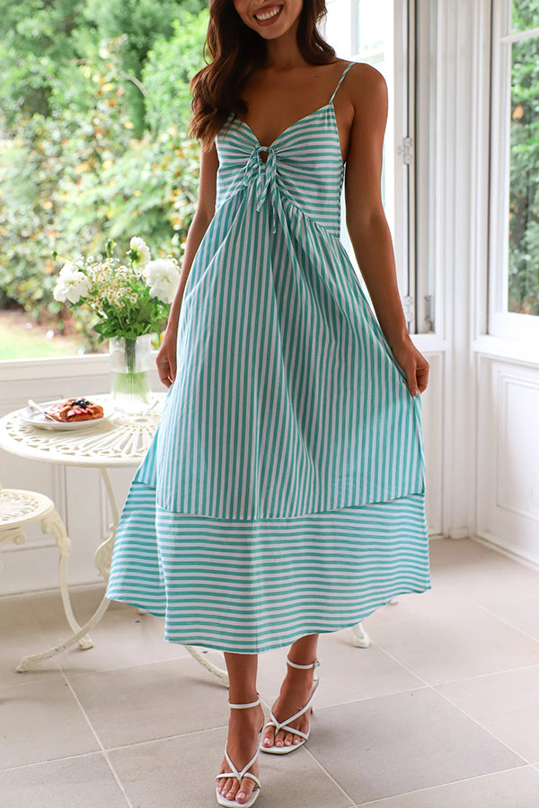 Striped Print Suspenders Gathered Lace-up Loose Midi Dress