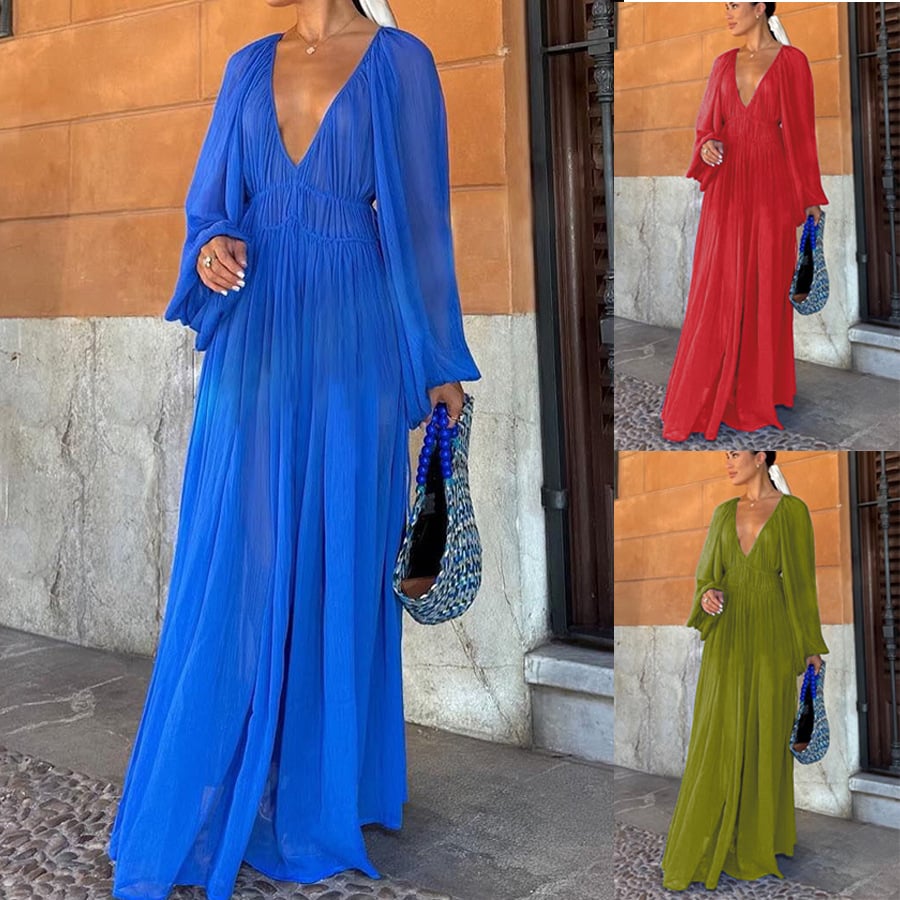 Blue Gemstone Chiffon Ruched Gathered Waist Maxi Dress