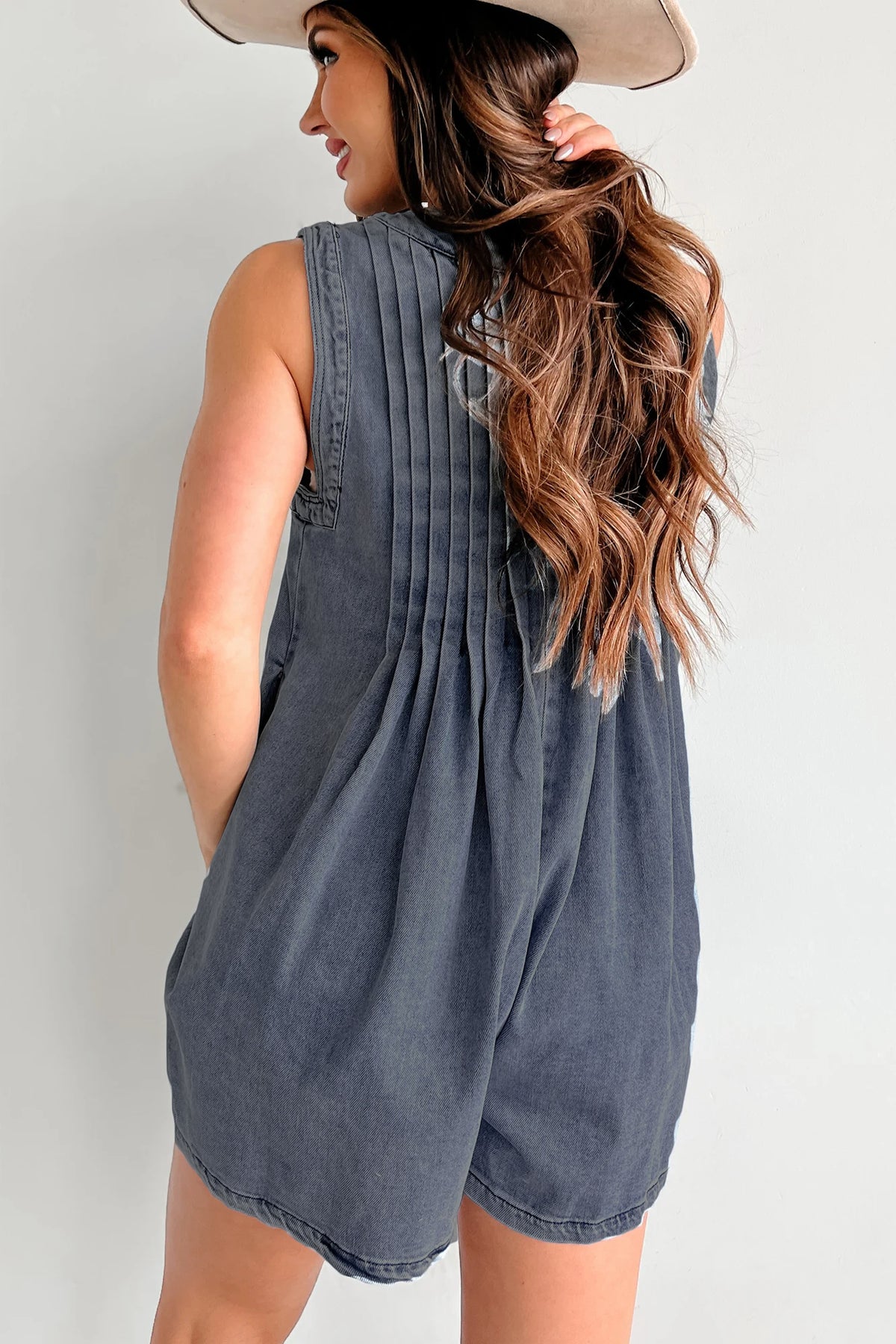 Denim V-Neck Pleated Romper