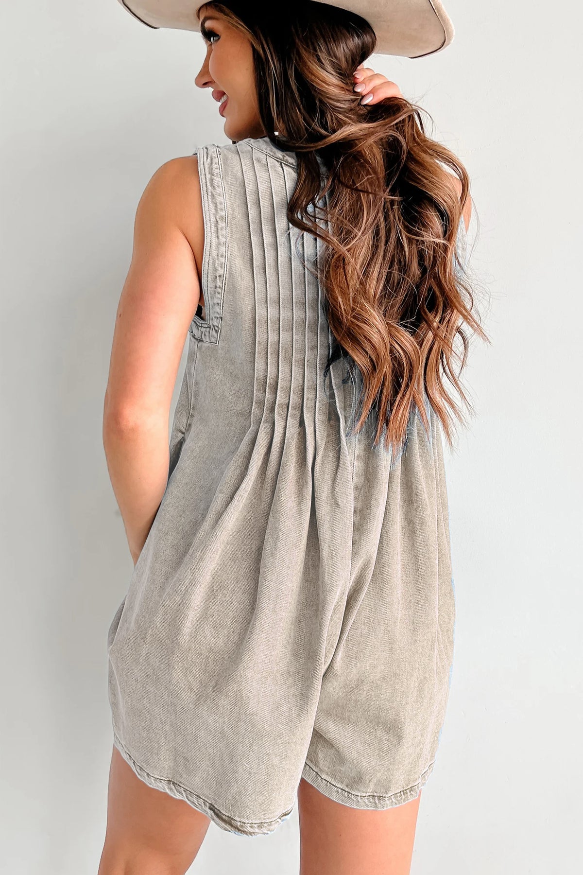 Denim V-Neck Pleated Romper