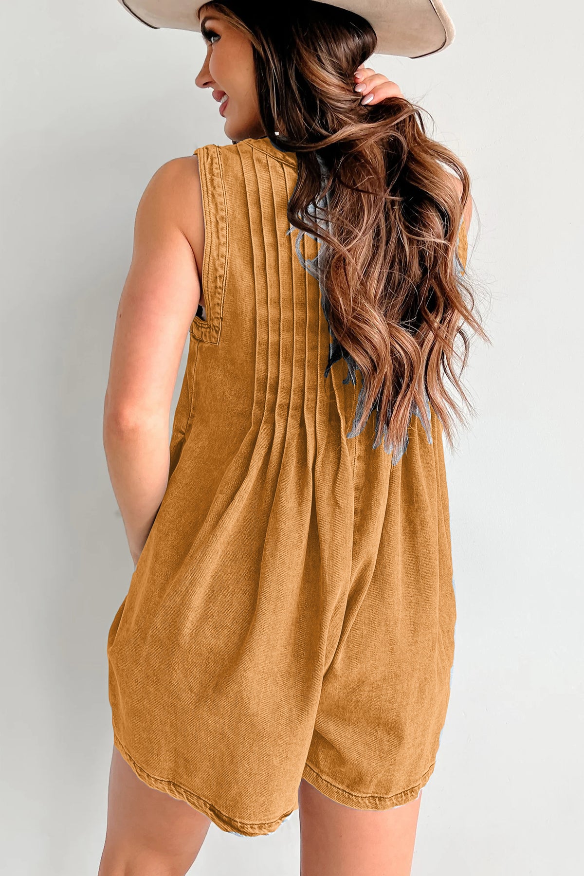 Denim V-Neck Pleated Romper