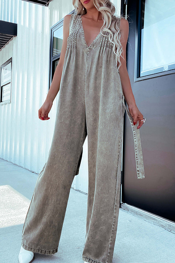 V-neck Open Back Pleated Loose Denim Jumpsuit