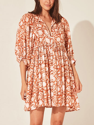 V Neck Summer Half Sleeve Floral Tunic Short Dress