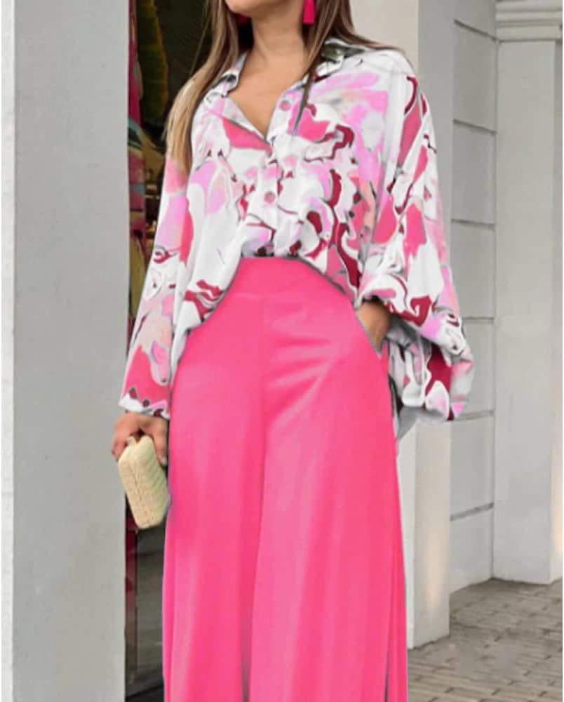 Women 2 Piece Set Loose Printing Printed Lapel Shirt Wide Leg Pants With Pocket