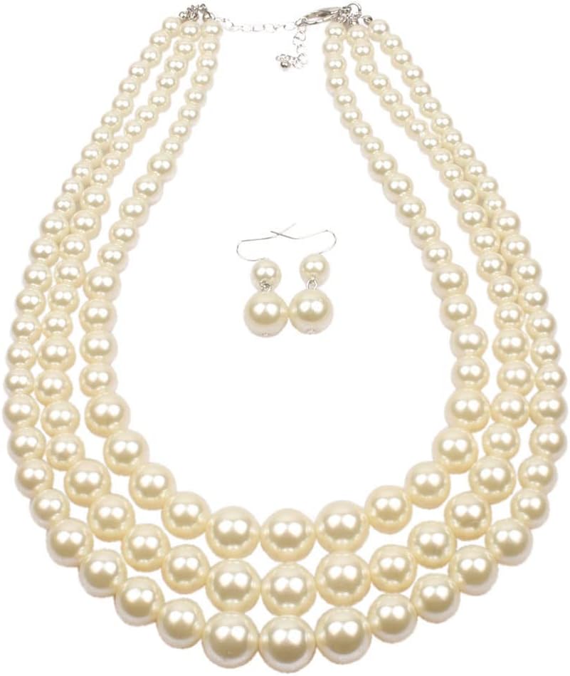 3 Layered Beaded Strand Choker Pearl Statement Necklace and Earrings Set