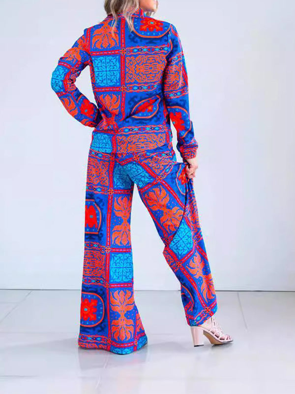 Stylish Blue Red Printed Top & Lace-Up Wide-Leg Pant Set