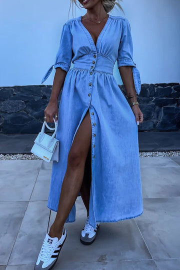 On This Sweet Day Button Down Denim Maxi Dress