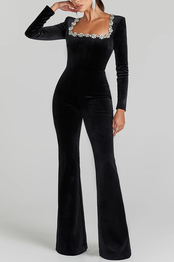 Velvet Jewel Embellished Trim Long Sleeve Flare Jumpsuit