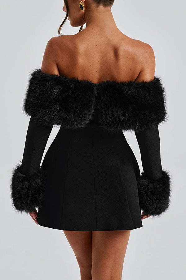 Faux Fur Trim Off Shoulder Bubble Shaped Mini Dress