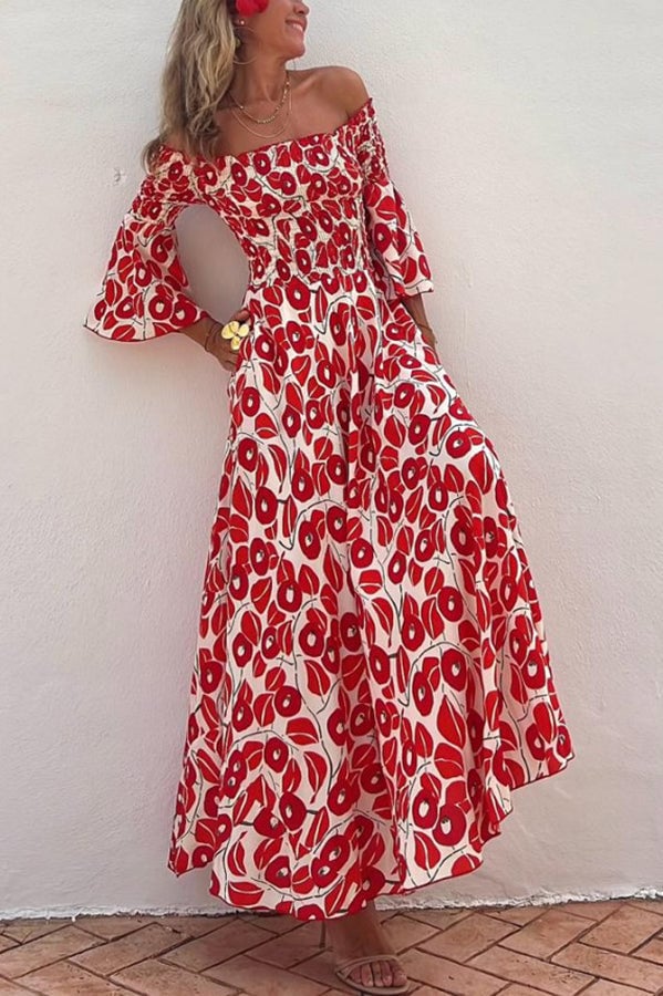 Floral Print Smocked Off Shoulder Pocketed Maxi Dress