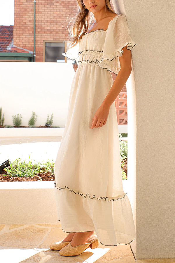 Square Neck Open Back Pleated Waist Maxi Dress