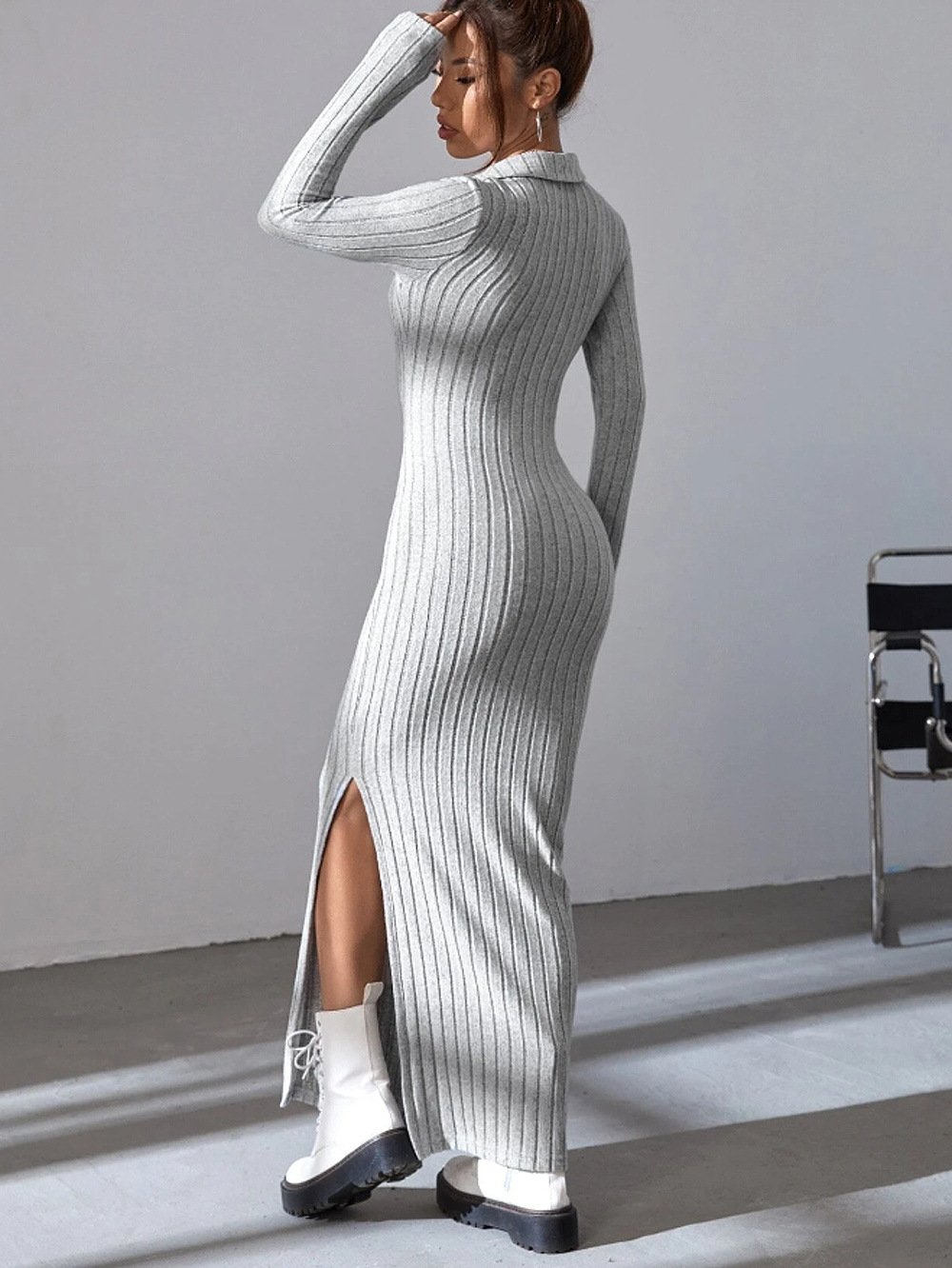 Knitted Fitted Lapel Long Sleeve Ribbed Dress