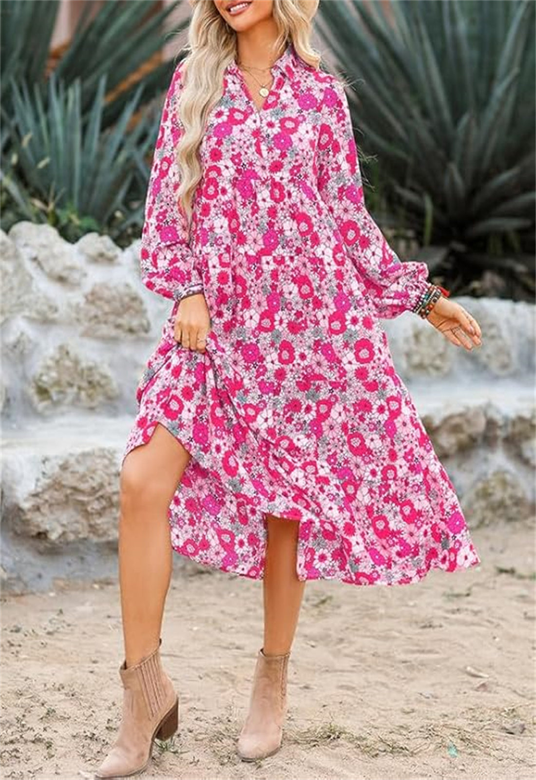 Women's Casual Loose Puff Sleeve V Neck Bohemian Floral Dress