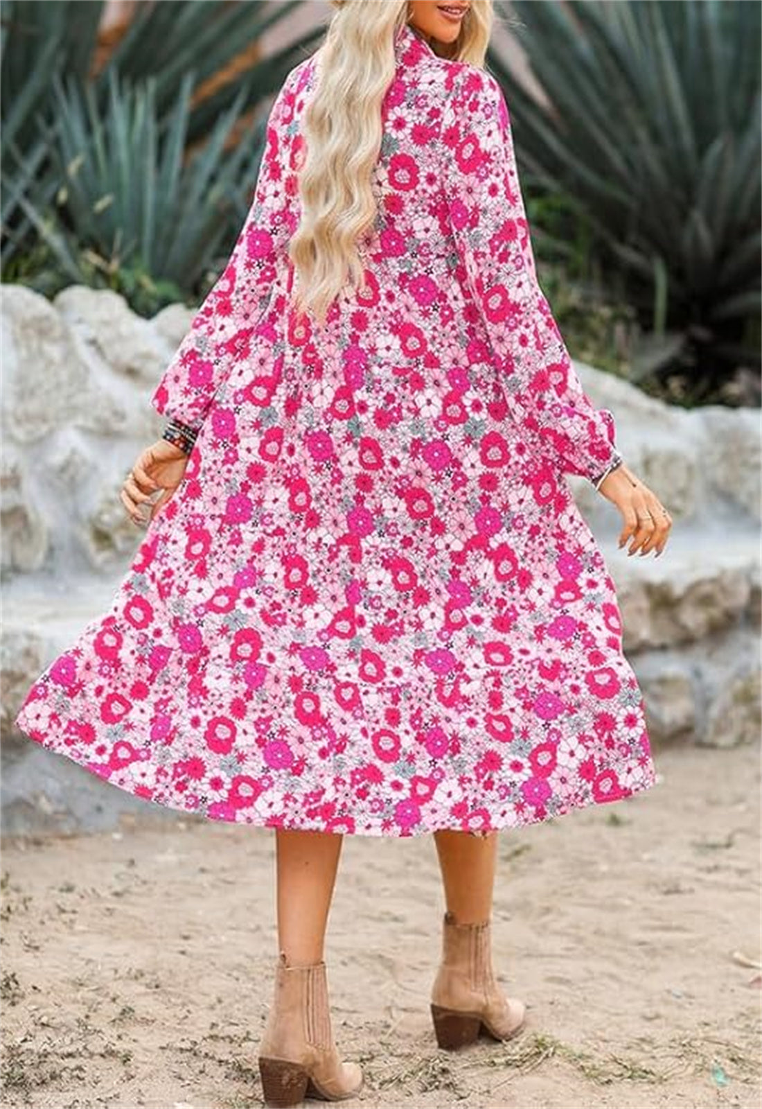 Women's Casual Loose Puff Sleeve V Neck Bohemian Floral Dress