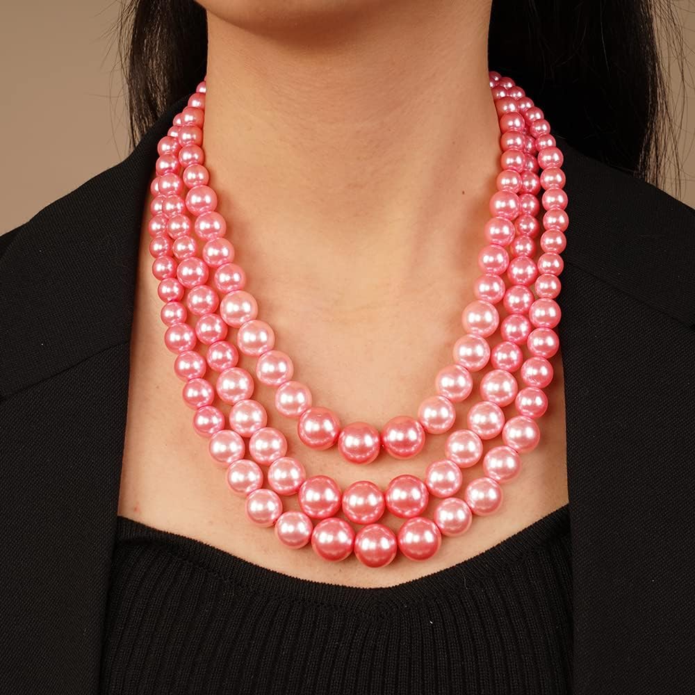 3 Layered Beaded Strand Choker Pearl Statement Necklace and Earrings Set