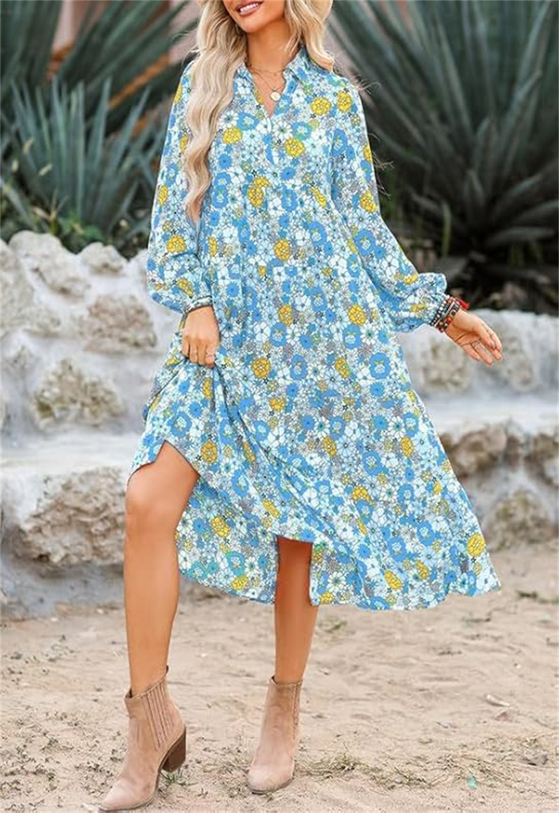 Women's Casual Loose Puff Sleeve V Neck Bohemian Floral Dress