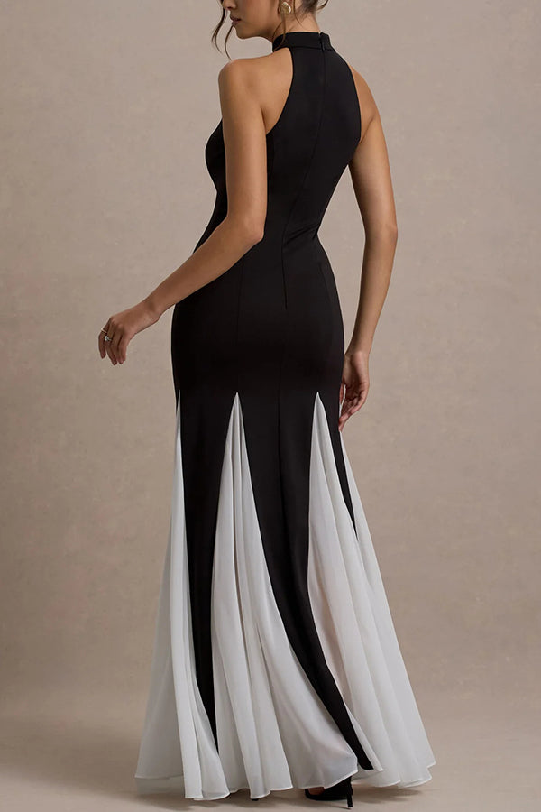 Panelled Tulle High Neck Stretch Maxi Dress