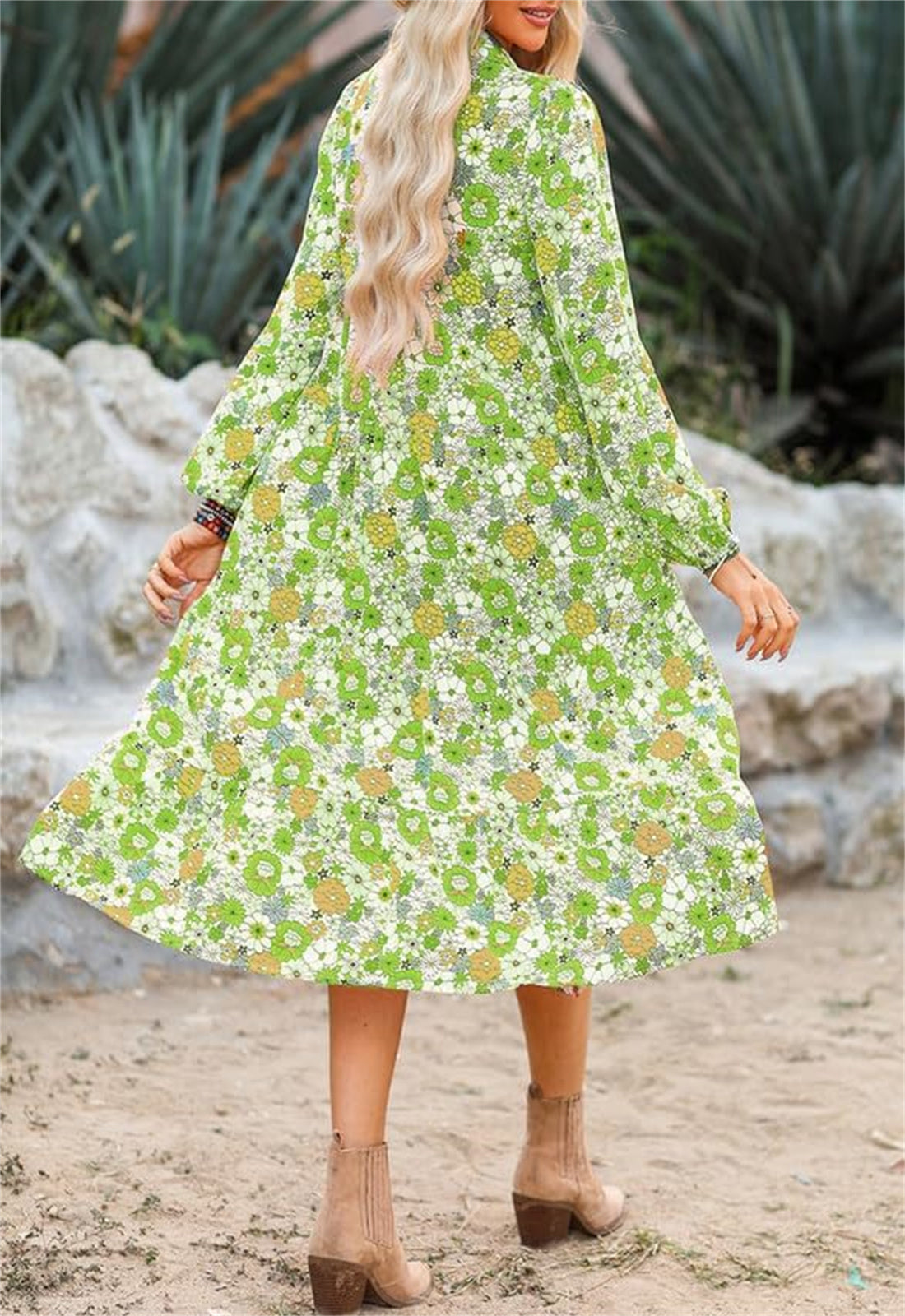 Women's Casual Loose Puff Sleeve V Neck Bohemian Floral Dress