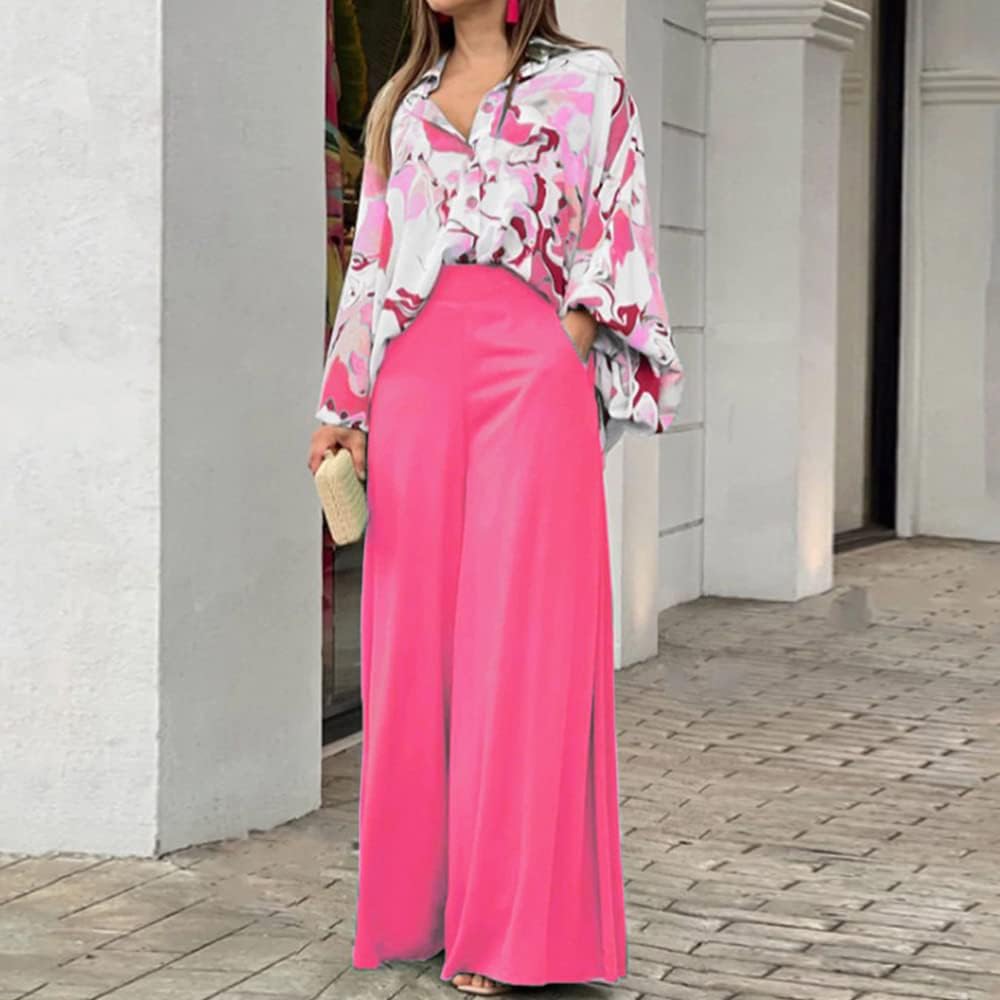 Women 2 Piece Set Loose Printing Printed Lapel Shirt Wide Leg Pants With Pocket