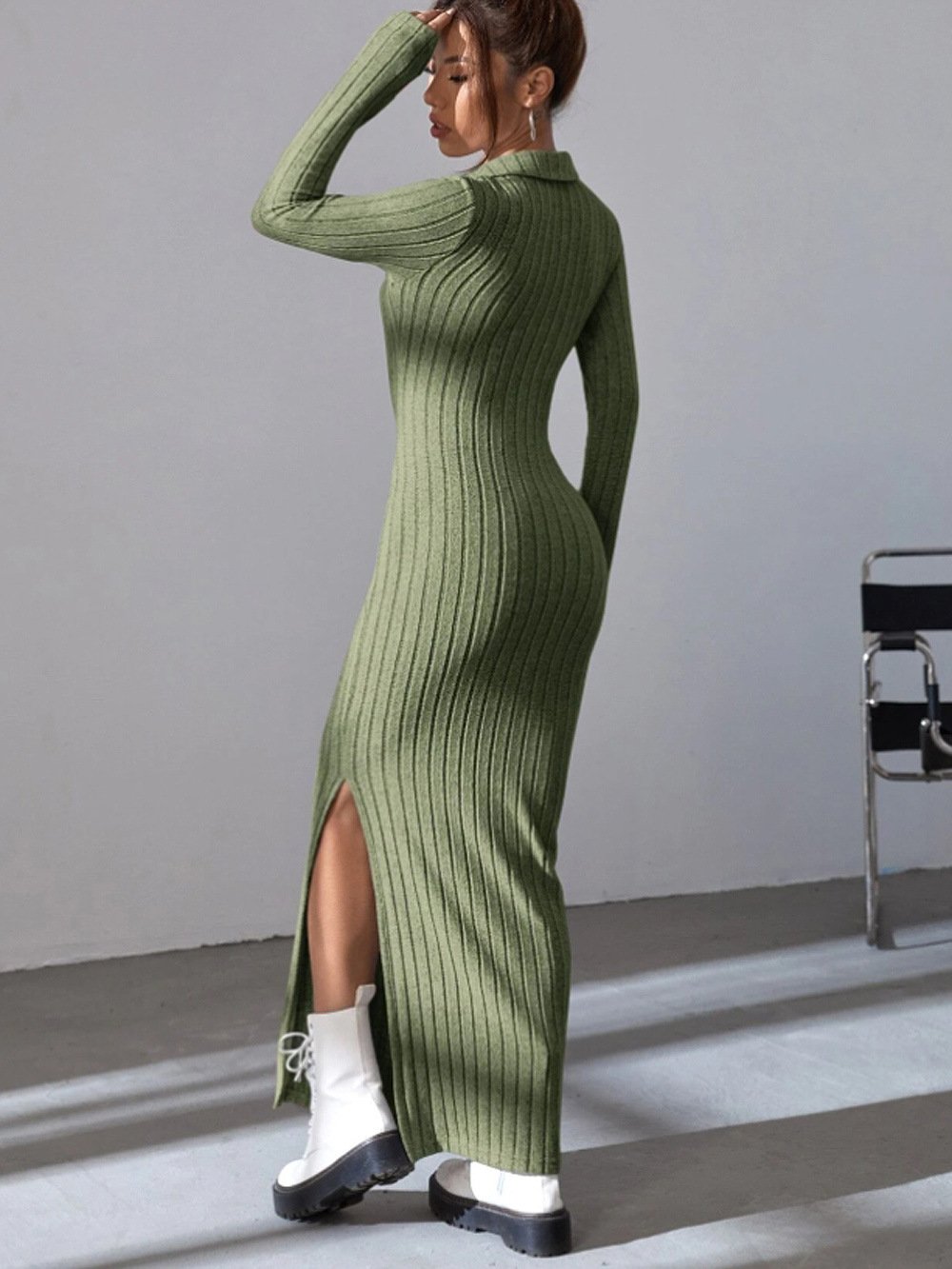 Knitted Fitted Lapel Long Sleeve Ribbed Dress