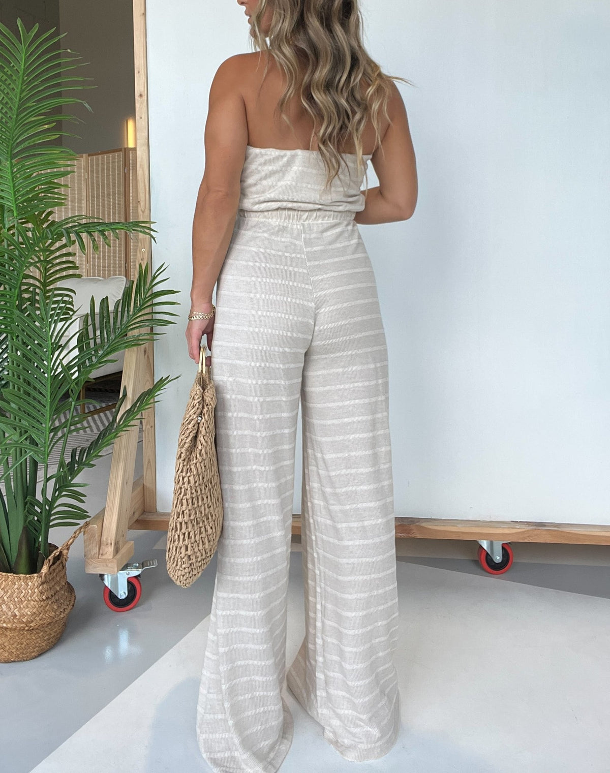 Strapless Wide Leg Striped Jumpsuit